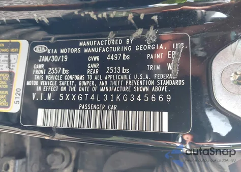 2019 Kia Optima Lx from USA, damaged, VIN 5XXGT4L31KG345669